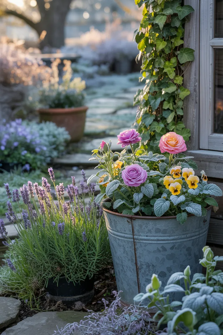 Ein bunter Garten mit winterblühenden Pflanzen, duftenden Kräutern und robusten Bodendeckern, die pflegeleicht sind und Insekten anziehen.
