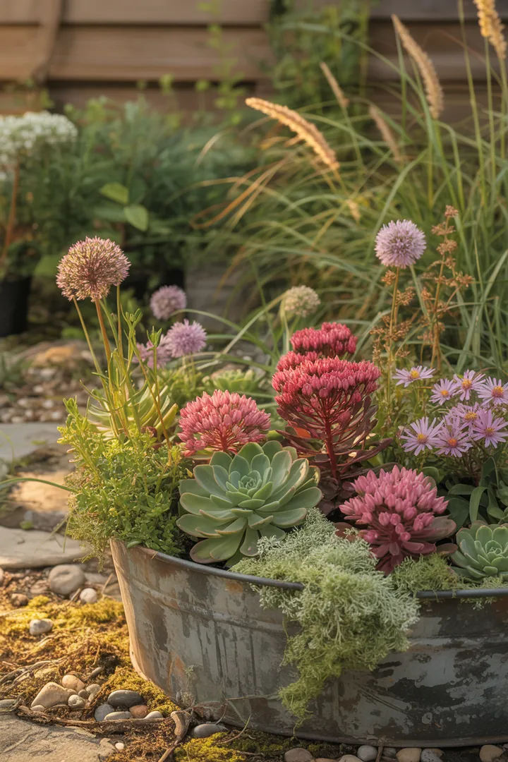 Ein harmonisches Pflanzenarrangement mit duftendem Lavendel, winterblühender Christrose und pflegeleichter Katzenminze. Robust und immergrün der Buchsbaum, während die Schafgarbe und der farbenfrohe Sonnenhut Insekten anziehen. Trockenheitsresistente Fetthenne und winterharte Storchschnäbel ergänzen das Bild. Aromatischer Salbei und langlebige Pfingstrose bieten Vielfalt, während der zier