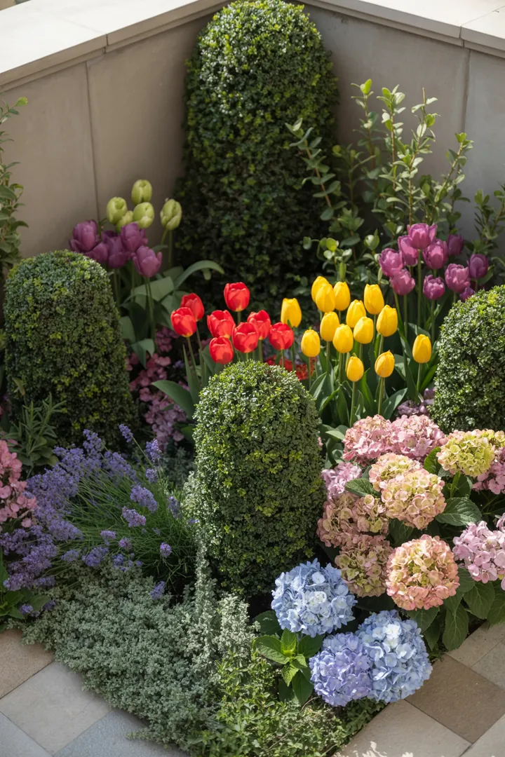 Ein blühender Garten mit einer Vielzahl von Pflanzen: duftende Lavendelsträucher, robuste Christrosen und pflegeleichte Katzenminze. Trockenheitsresistente Fetthennen und immergrüne Buchsbäume schaffen Struktur. Bunte Sonnenhüte und winterharte Storchschnäbel ziehen Insekten an, während aromatischer Salbei und frostharte Pfingstrosen für Duft und Schönheit sorgen. Zierliche Frauenmäntel