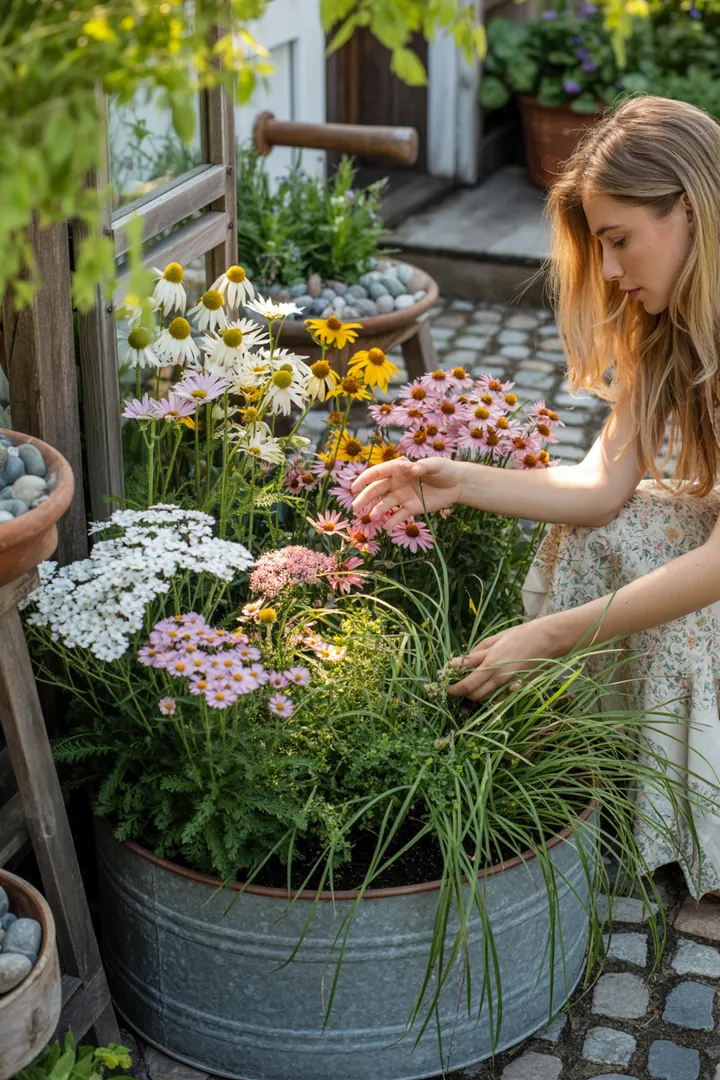 Bunt blühende Gartenlandschaft mit winterblühenden Pflanzen, robuster Struktur und pflegeleichten Sorten, die Insekten anziehen und trockenheitsresistent sind.
