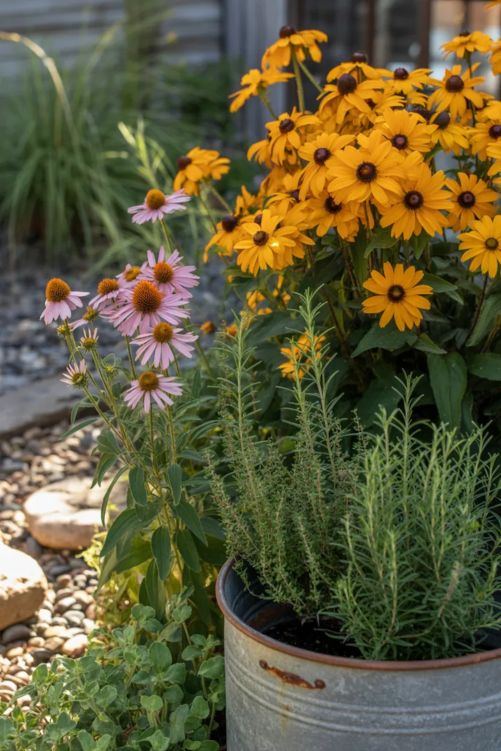 Eine harmonische Gartenlandschaft mit duftenden Pflanzen, darunter robustes Lavendel, winterblühende Christrose und pflegeleichte Katzenminze. Trockenheitsresistente Fetthenne ergänzt die Struktur des immergrünen Buchsbaums, während die heimische Schafgarbe und der farbenfrohe Sonnenhut insektenfreundliche Akzente setzen. Winterharte Storchschnäbel und aromatischer Salbei sorgen für Vielfalt, während