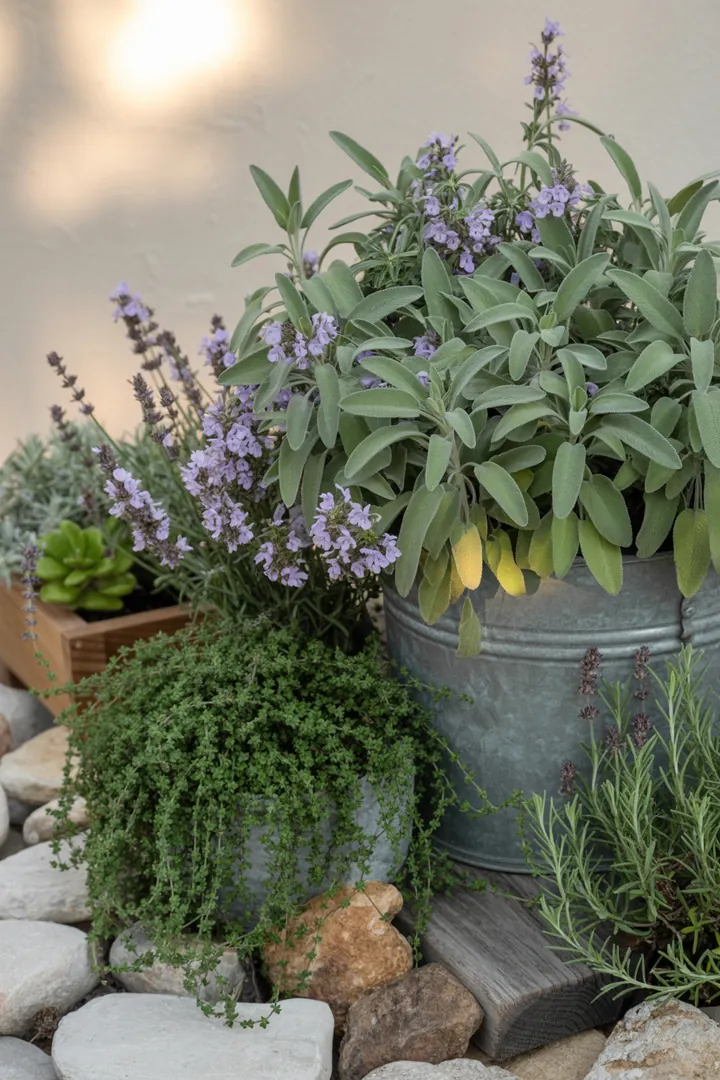 Ein stilvoll gestalteter Garten mit einer Vielzahl von Pflanzen: Aromatische Kräuter, winterblühende Sorten und pflegeleichte Bodendecker schaffen ein harmonisches und farbenfrohes Gesamtbild.