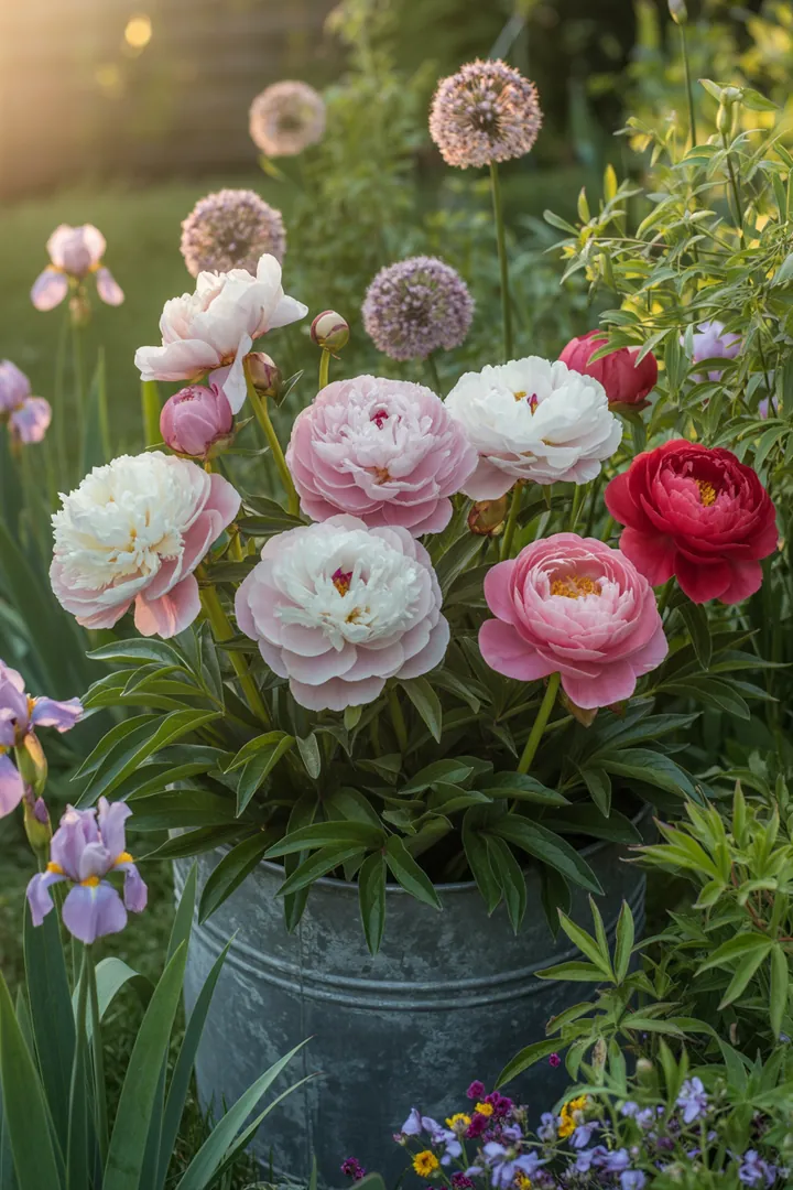 Ein blühendes Gartenarrangement mit robusten Pflanzen, darunter duftender Lavendel, winterblühende Christrose und pflegeleichte Katzenminze. Die Kombination aus immergrünem Buchsbaum und farbenfrohen Sonnenhut schafft Struktur und Insektenfreundlichkeit, während die langlebige Pfingstrose und zierlicher Frauenmantel den Raum lebendig gestalten.