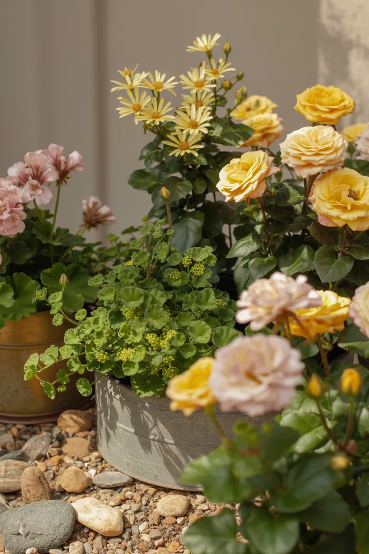 Bunt blühende Gartenpflanzen in verschiedenen Farbtönen, darunter winterblühende Sorten und pflegeleichte Bodendecker, die insektenfreundlich sind und auch in trockenen Bedingungen gedeihen.