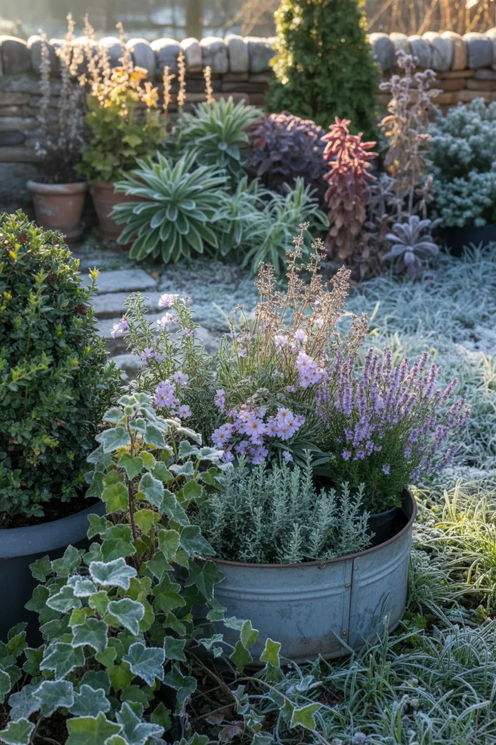 Ein harmonisches Gartenarrangement zeigt vielfältige Pflanzen: duftender Lavendel, winterblühende Christrose, pflegeleichte Katzenminze und trockenheitsresistente Fetthenne. Immergrüner Buchsbaum, heimische Schafgarbe, farbenfroher Sonnenhut und winterharter Storchschnabel ergänzen das Bild. Aromatischer Salbei, langlebige Pfingstrose und zierlicher Frauenmantel bringen Abwechslung, während