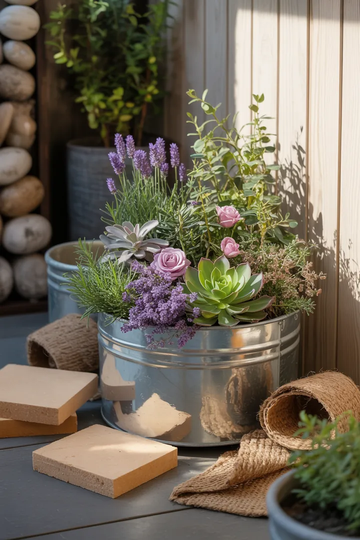Ein harmonisches Gartenarrangement zeigt eine vielfältige Pflanzenkombination mit duftendem Lavendel, robuster Christrose, pflegeleichter Katzenminze und trockenheitsresistenter Fetthenne. Immergrüner Buchsbaum sorgt für Struktur, während farbenfrohe Sonnenhüte und winterharter Storchschnabel insektenfreundliche Akzente setzen. Aromatischer Salbei und langlebige Pfingstrose ergänzen das Bild, während zier
