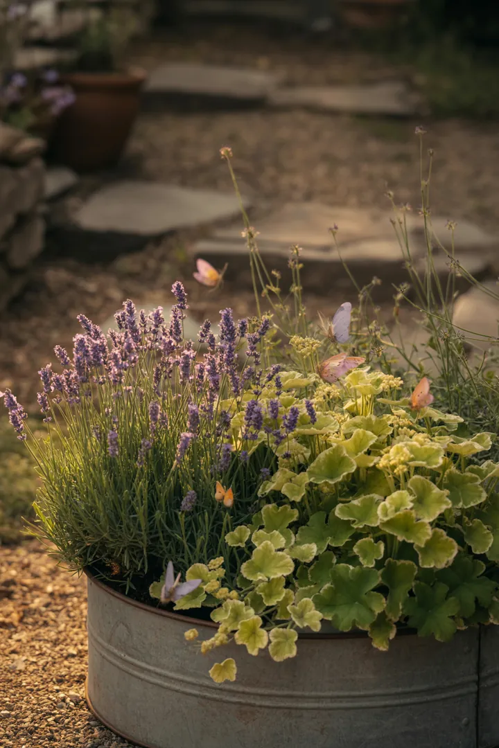 Ein stilvoller Garten mit duftendem Lavendel, robusten Christrosen und pflegeleichter Katzenminze. Trockenheitsresistente Fetthennen und immergrüne Buchsbäume bieten Struktur. Farbige Sonnenhüte und winterharte Storchschnäbel ziehen Insekten an, während aromatischer Salbei und langlebige Pfingstrosen den Raum bereichern. Zierlicher Frauenmantel und späte Herbstaster sorgen für natürliche Schönheit.