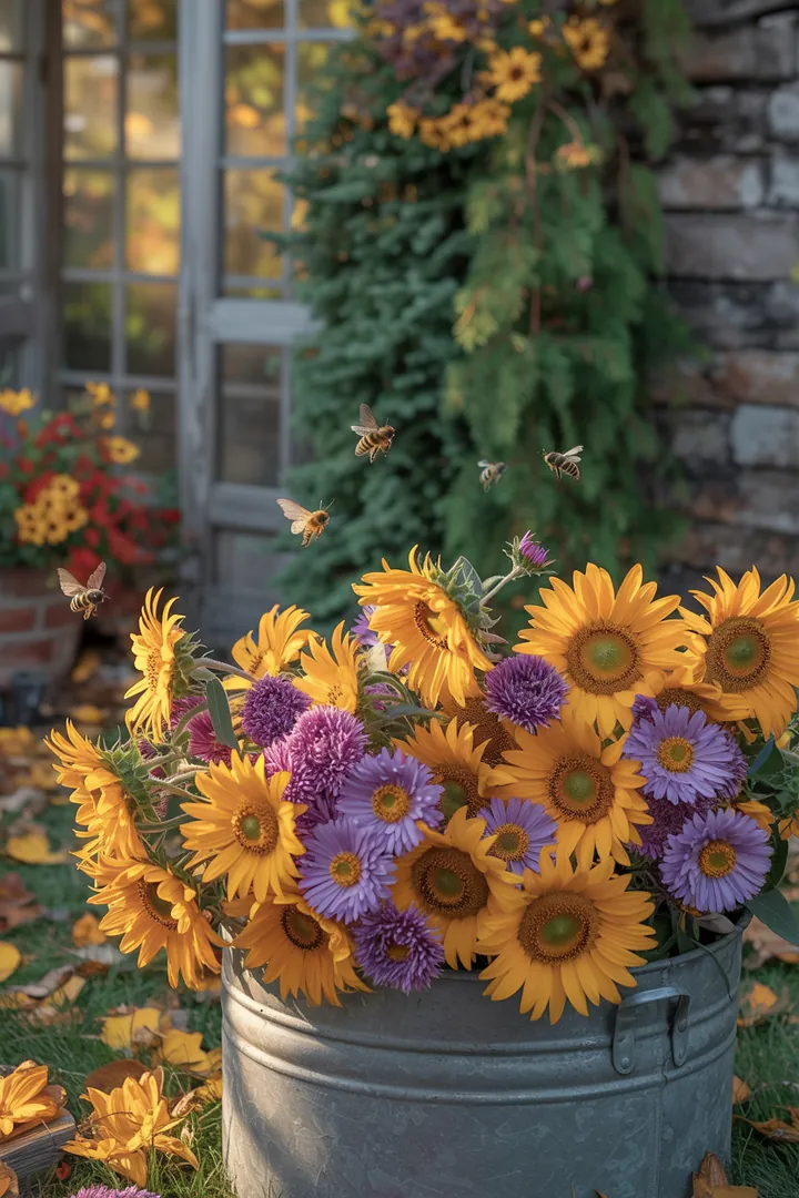 Ein harmonisches Gartenarrangement mit duftenden Pflanzen, darunter winterblühende Sorten und pflegeleichte Schönheiten. Farbenfrohe Blumen und robuste, immergrüne Strukturen schaffen eine einladende Atmosphäre für Insekten und bieten ganzjährige Freude.