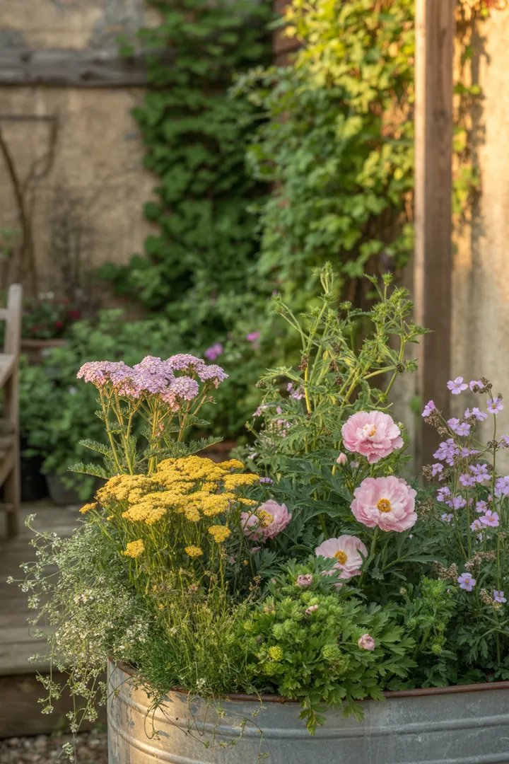 Bunt blühende Pflanzenkombination im Garten: winterblühende Christrose, duftender Lavendel, pflegeleichte Katzenminze und robuste Fetthenne. Immergrüner Buchsbaum, farbenfroher Sonnenhut und zierlicher Frauenmantel ergänzen die harmonische, insektenfreundliche Landschaft.