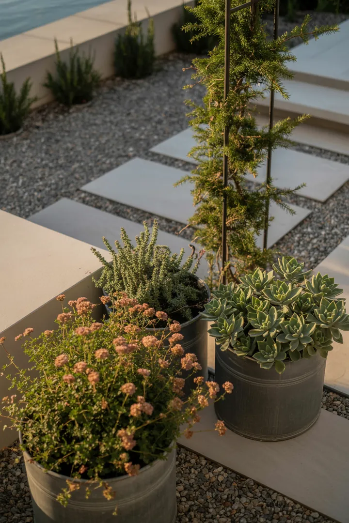 Ein malerisches Gartenarrangement mit duftenden Pflanzen, darunter robuste Winterblüher, pflegeleichte, farbenfrohe Insektenfreunde und immergrüne Strukturgeber, die harmonisch miteinander harmonieren und natürliche Schönheit sowie Vielfalt bieten.
