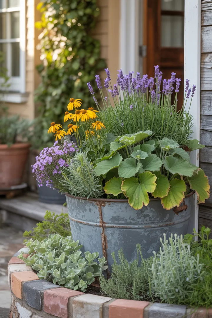 Ein farbenfrohes Gartenarrangement mit winterblühenden Pflanzen, robusten Strukturen und pflegeleichten, duftenden Kräutern, die Insekten anziehen und ganzjährig Freude bereiten.