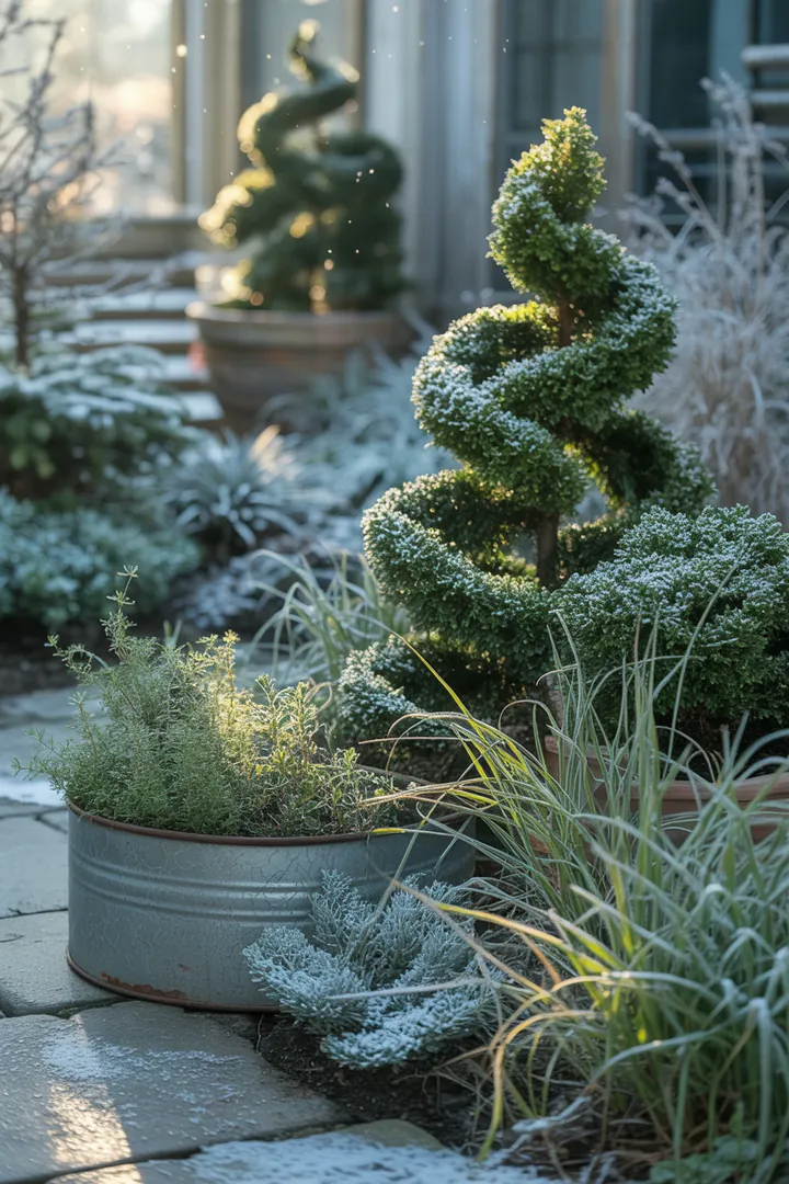 Bunt blühende Pflanzenvielfalt: Duftende Lavendelsträucher, robuste Christrosen, pflegeleichte Katzenminze und farbenfrohe Sonnenhüte schmücken den Garten. Immergrüne Buchsbäume und winterharte Storchschnäbel verleihen Struktur, während Schafgarbe und Fetthenne mit Trockenheit umgehen. Aromatischer Salbei und langlebige Pfingstrosen runden das Bild ab.