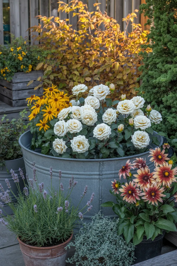 Ein farbenfrohes Gartenarrangement mit duftendem Lavendel, robusten Winterblühern und pflegeleichten Pflanzen, die sowohl Insekten anziehen als auch trockene Bedingungen überstehen.