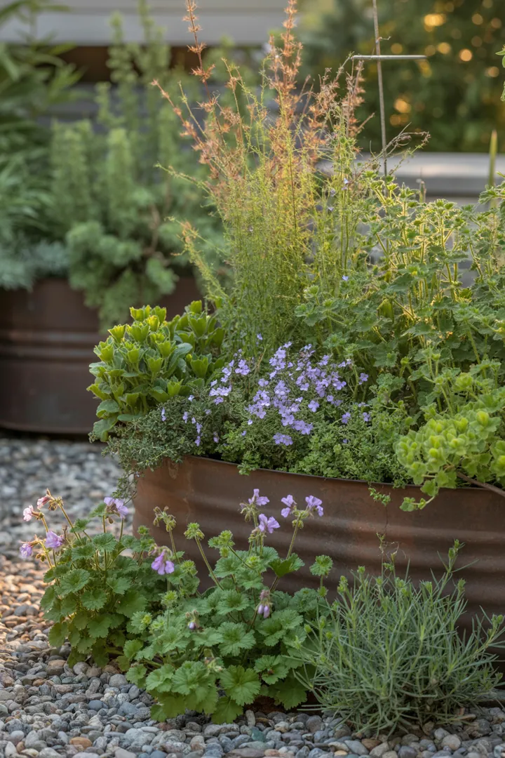 Bunte Gartenlandschaft mit robusten Pflanzen: duftender Lavendel, winterblühende Christrose und pflegeleichte Katzenminze schaffen eine harmonische Oase. Immergrüner Buchsbaum und farbenfrohe Sonnenhut ergänzen das Bild mit Struktur und Insektenfreundlichkeit. Trockene Fetthenne und frostharte Pfingstrose bieten Langlebigkeit. Zierlicher Frauenmantel und heimische Schafgarbe runden die