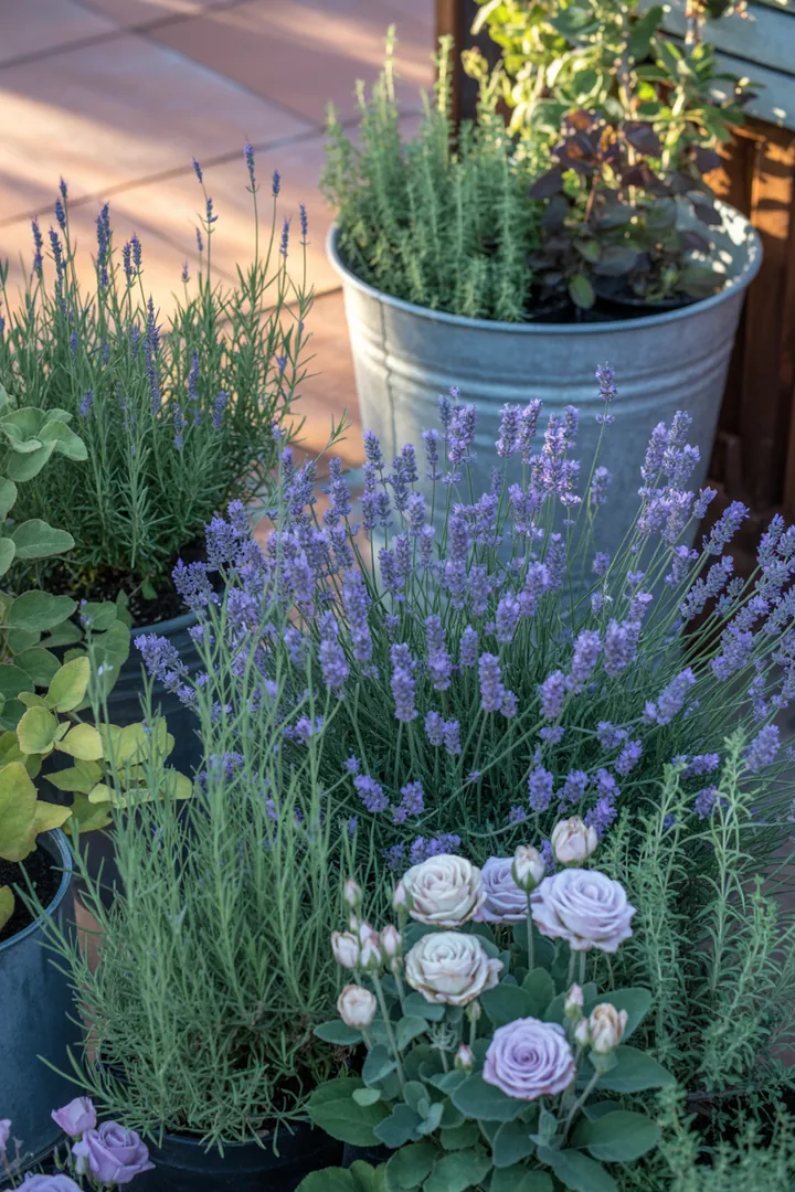 Ein harmonisches Blumenarrangement mit duftendem Lavendel, robusten Christrosen und pflegeleichter Katzenminze, ergänzt durch farbenfrohe Sonnenhüte und winterharte Storchschnäbel. Die Strukturpflanzen Buchsbaum und aromatischer Salbei sorgen für eine ansprechende Gartenlandschaft.