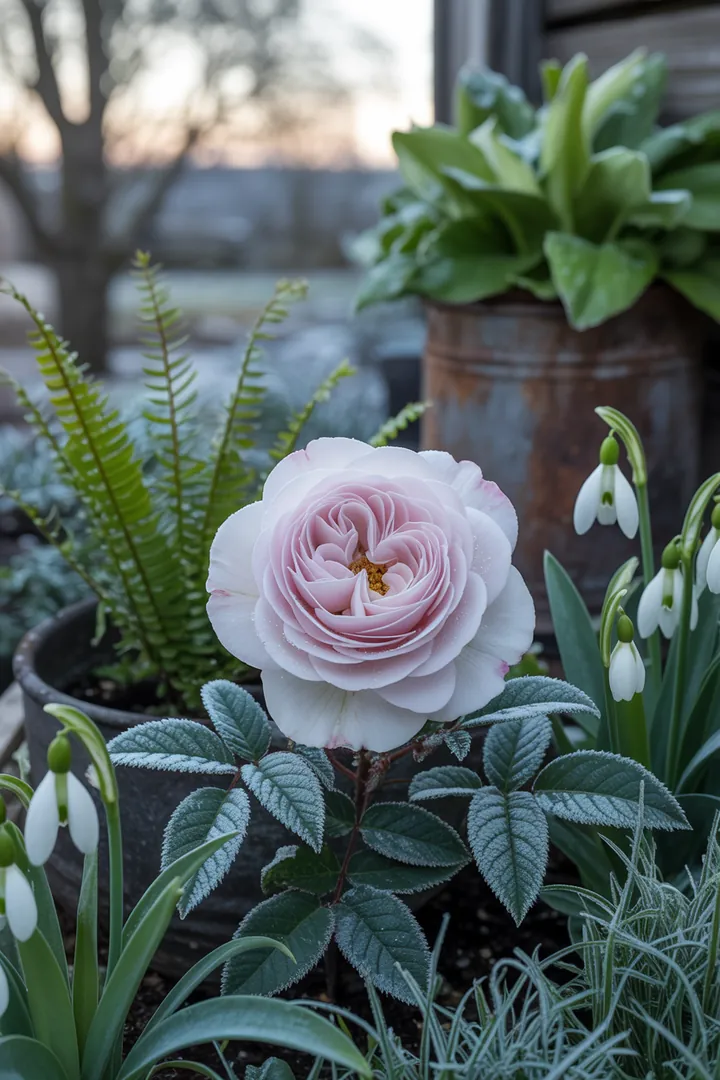 Ein farbenfrohes Gartenarrangement zeigt winterblühende Pflanzen und robuste, pflegeleichte Arten, die Duft und Struktur bieten. Ideal für insektenfreundliche, trockene Standorte und ganzjahresgrüne Akzente.