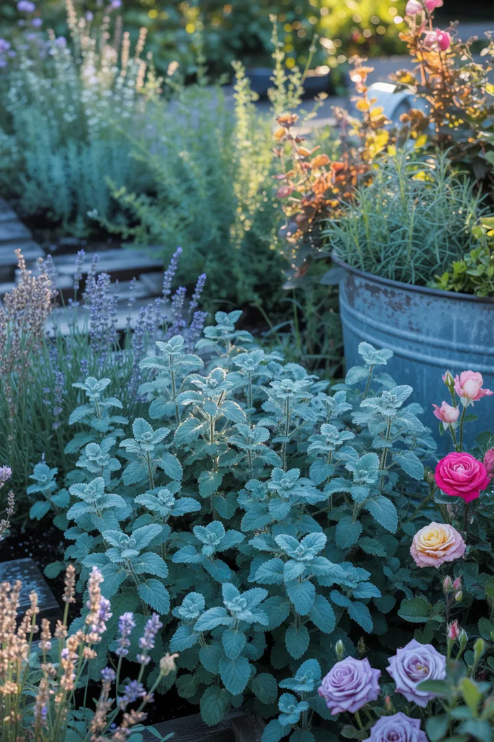 Ein farbenfrohes Gartenarrangement mit duftenden Lavendelsträuchern, robusten Christrosen und pflegeleichten Katzenminzen. Trockenheitsresistente Fetthennen und immergrüne Buchsbäume schaffen Struktur, während die heimische Schafgarbe und der insektenfreundliche Sonnenhut lebendige Akzente setzen. Winterharte Storchschnäbel, aromatischer Salbei und langlebige Pfingstrosen runden