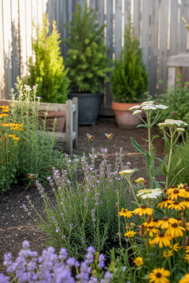 Bunt blühende Gartenlandschaft mit einer Vielfalt an robusten, trockenheitsresistenten Pflanzen, die Bienen anziehen und sommerliche Farben verbreiten.