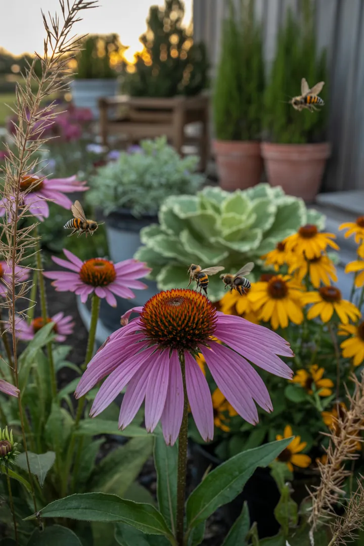 Bunt blühende Gartenlandschaft mit verschiedenen widerstandsfähigen Pflanzen, darunter duftende Lavendelsträucher, bienenfreundliche Katzenminze und leuchtend gelbe Sonnenaugen, die eine einladende Atmosphäre schaffen.
