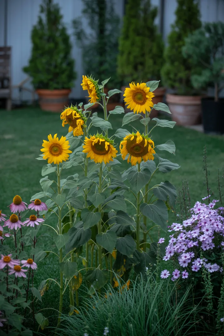 Bunte Blütenpracht in einem Garten mit verschiedenen Pflanzen: duftende Lavendel, Katzenminze für Bienen, robuste Sonnenhut und pflegeleichte Goldrute, ergänzt von hitzetoleranten Kokardenblumen und bodendeckendem Storchschnabel.