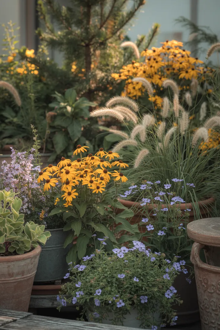 Bunte Gartenlandschaft mit verschiedenen Pflanzen: duftende Lavendel, Katzenminze für Bienen, robuste Sonnenhut, pflegeleichte Goldrute und hitzetolerante Kokardenblume.