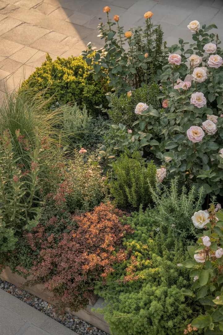 Bunte Sommerblütenpflanzen in einem Gartenarrangement, darunter duftende Lavendel, Katzenminze für Bienen und robuste Sonnenhüte, die eine lebendige, pflegeleichte Oase schaffen.