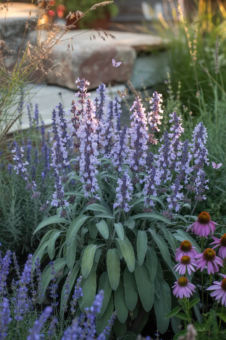 Bunte Blütenpracht aus verschiedenen Pflanzenarten, darunter duftende Kräuter und hitzetolerante Stauden, die Bienen anziehen und einen pflegeleichten Garten bereichern.