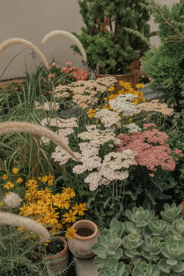 Farbenfrohe Gartenlandschaft mit blühenden Pflanzen, darunter duftende Lavendelarten, Katzenminze und robuste Sommerstauden, die Bienen anziehen. Pflegeleichte Goldruten und hitzetolerante Kokardenblumen ergänzen die Vielfalt. Dickfleischige Fetthennen und bodendeckende Storchschnäbel sorgen für Struktur.