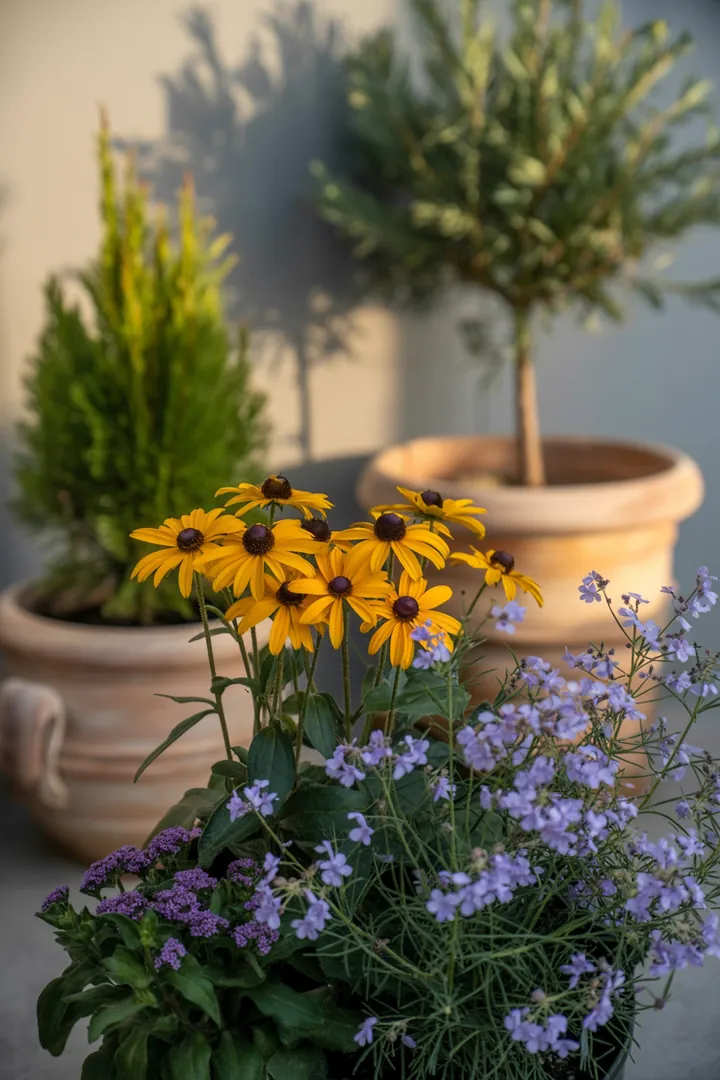 Bunt blühende Gartenlandschaft mit duftenden Pflanzen und robusten Sommerstauden, die trockenheitsresistent sind und Bienen anziehen.