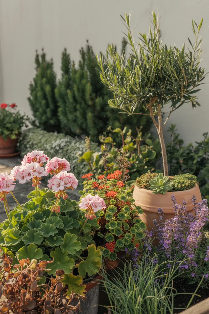 Bunte Gartenlandschaft mit verschiedenen Stauden und Blumen, die trockene Bedingungen und Sonne lieben, darunter duftende Lavendelarten, bienenfreundliche Katzenminze und robuste Sommerstauden.