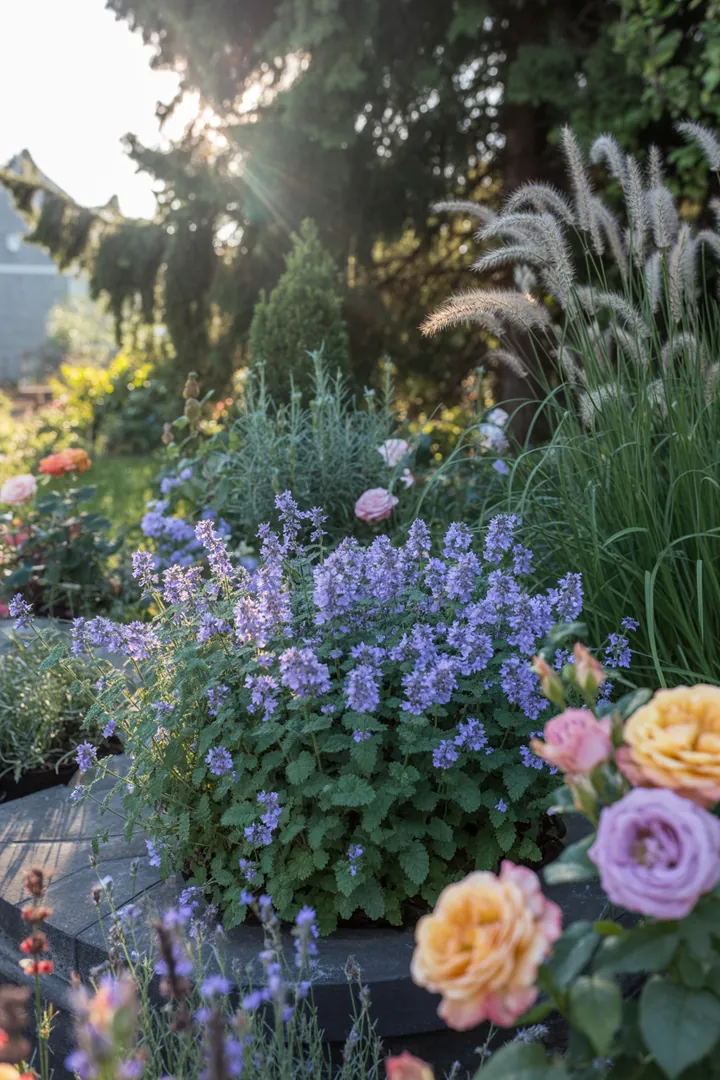 Bunte, pflegeleichte Gartenpflanzen, darunter duftende Lavendel, lange blühende Katzenminze und robuste Sonnenhut-Stauden, die eine bienenfreundliche Oase schaffen.
