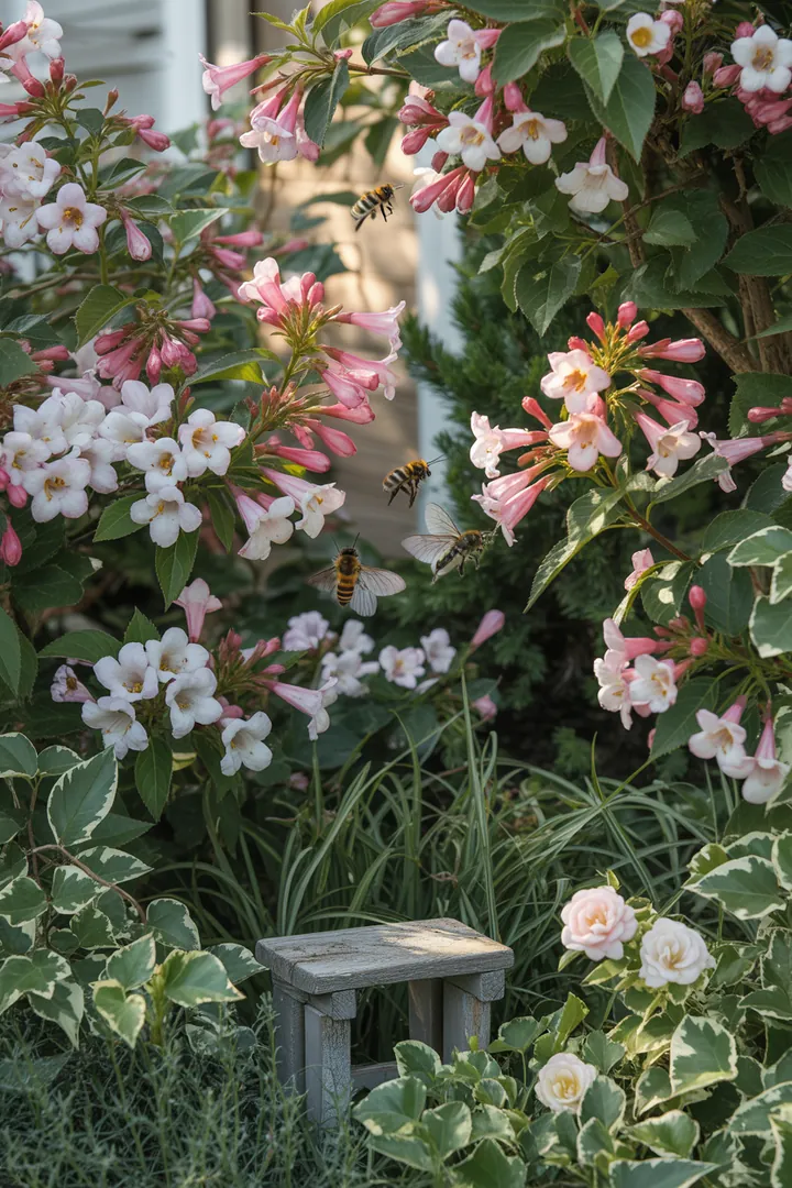 Bunte Gartenlandschaft mit verschiedenen blühenden Sträuchern, immergrünen Pflanzen und winterharten Arten, die lebendige Farben und Düfte bieten.