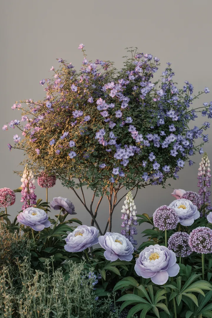 Bunte Gartenlandschaft mit verschiedenen Pflanzen, darunter immergrüne Arten, blühende Sträucher und winterfeste Gehölze, die lebendige Farben und Düfte bieten.