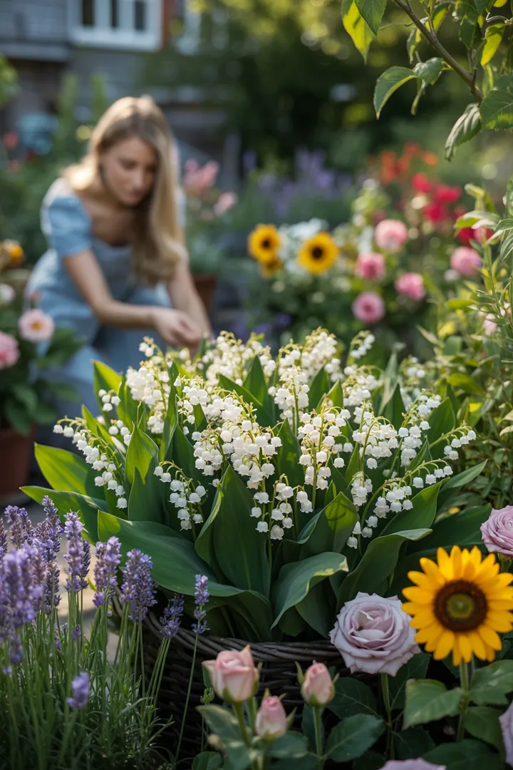 Bunte Gartenlandschaft mit verschiedenen Ziersträuchern und blühenden Pflanzen, die das ganze Jahr über Farbe und Duft bieten. Immergrüne Varianten und frühblühende Sorten schaffen ein harmonisches Gesamtbild.