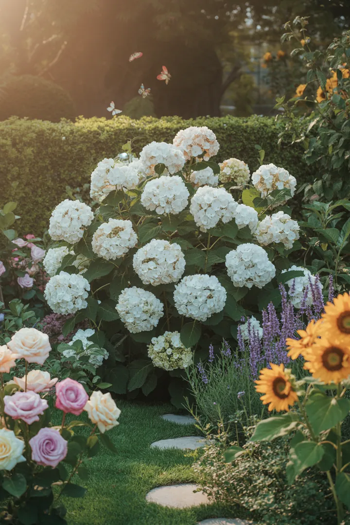 Bunte Gartenlandschaft mit verschiedenen Pflanzen: immergrüne Sträucher, blühende Frühblüher, robuste Trompetenblüten und zierliche Maiblumen. Herbstliche Farben und duftende Blüten bereichern die Szenerie.