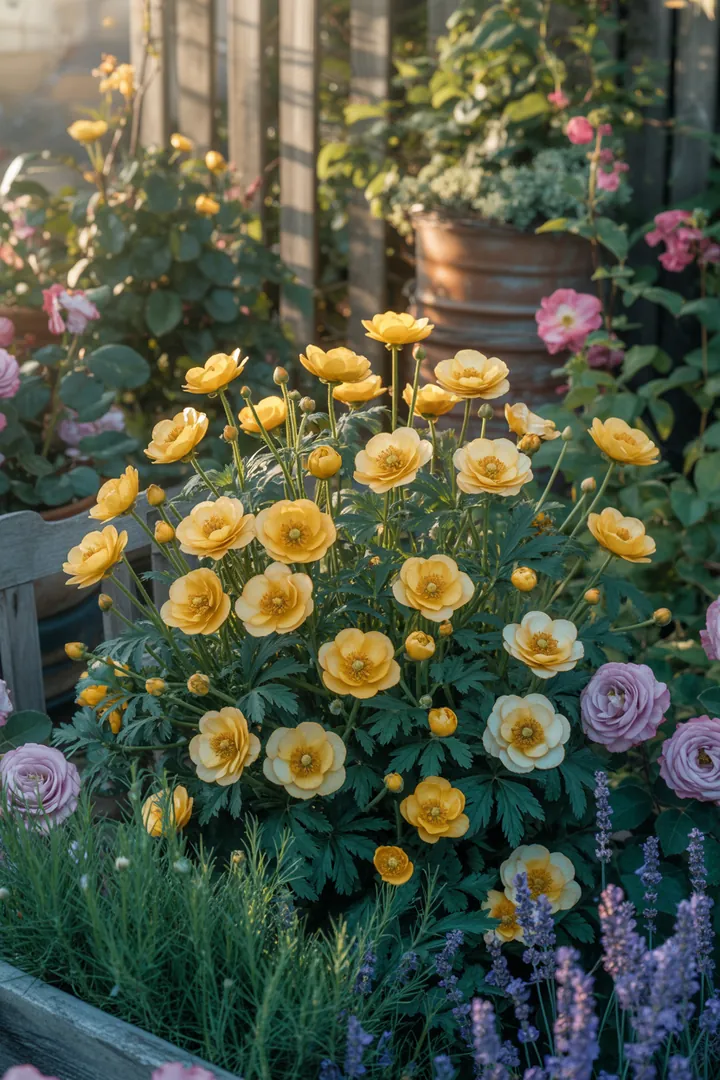 Eine bunte Gartenlandschaft mit verschiedenen Sträuchern: immergrüne Pflanzen, winterharte Arten, frühe Blüher und solche mit duftenden Blüten, die harmonisch zusammenwachsen und ganzjährig Farbe bieten.