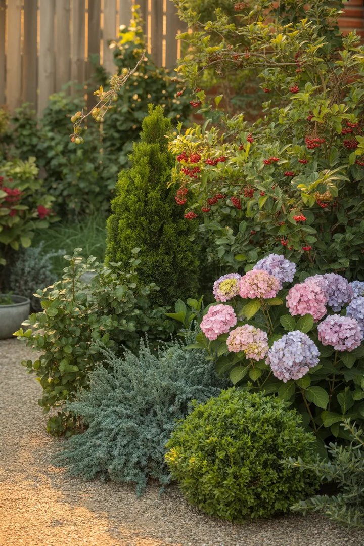 Immergrüne Pflanzen und blühende Sträucher in einem Gartenarrangement, das winterliche Farben und duftende Blüten vereint, darunter kompakte Formen und pflegeleichte Arten.