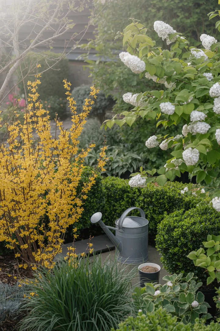 Immergrüne Pflanzen mit bunten Herbstfärbungen und duftenden Blütensträuchern, die in einem Garten für lebendige Farben und saisonale Vielfalt sorgen.