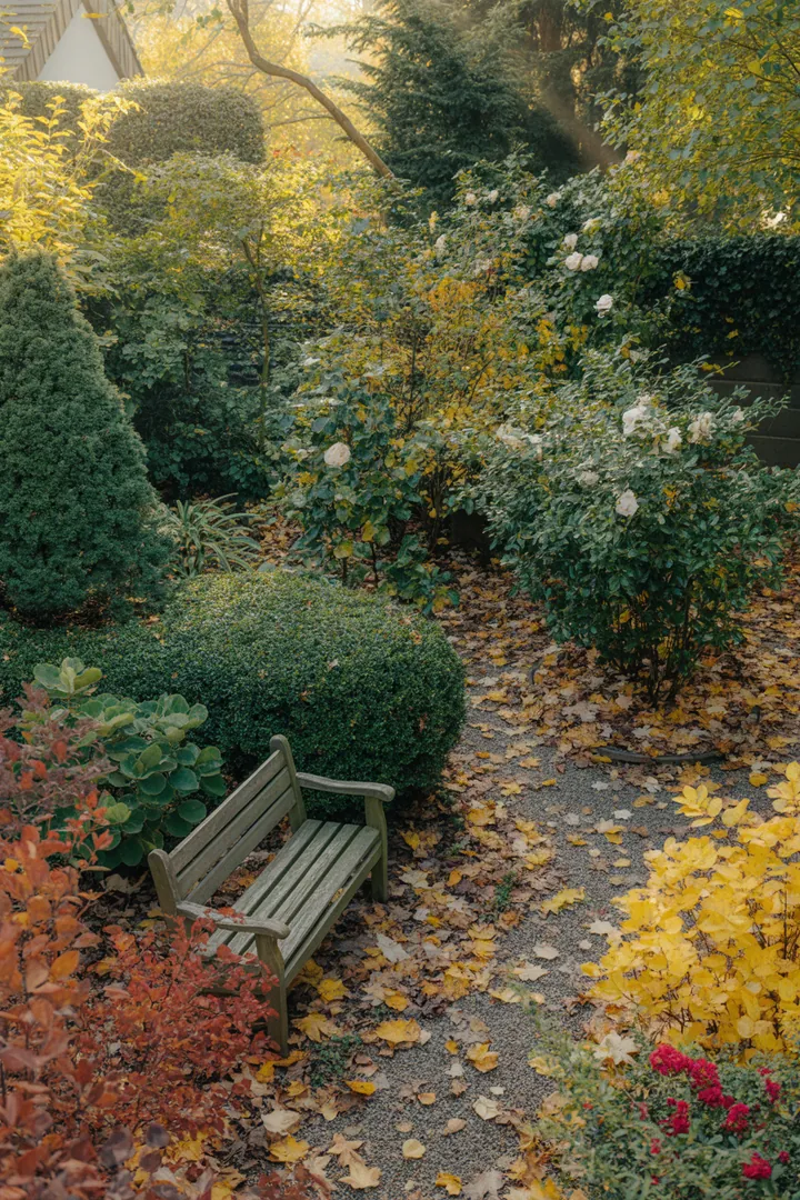 Eine farbenfrohe Gartenlandschaft mit verschiedenen blühenden Pflanzen, darunter immergrüne Sträucher und robust wachsende Arten, die im Winter auffallen.