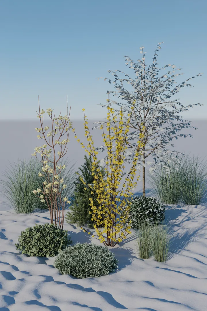 Bilder einer vielfältigen Gartenlandschaft mit immergrünen Pflanzen, duftenden Blüten und bunten Herbstfärbungen, die Robustheit und Pflegeleichtigkeit vereinen.