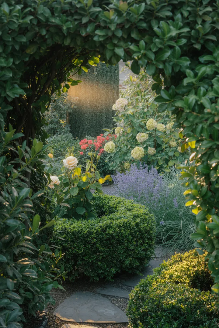 Bunter Garten mit verschiedenen Sträuchern: immergrüne Arten, winterliche rote Zweige, duftende Frühblüher und robuste, pflegeleichte Pflanzen in harmonischer Anordnung.
