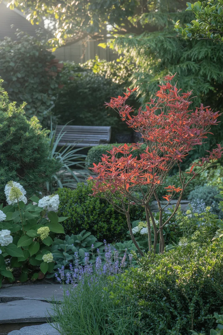 Bunt blühende Gartenpflanzen mit robusten Strukturen, darunter immergrüne und frühblühende Arten, die ganzjährig Farbe und Duft bieten.