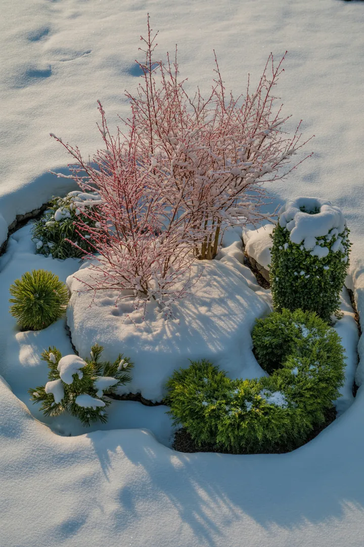 Eine vielfältige, winterharte Pflanzenlandschaft mit duftenden Blüten und bunten Herbstfärbungen, ideal für pflegeleichte Gärten.