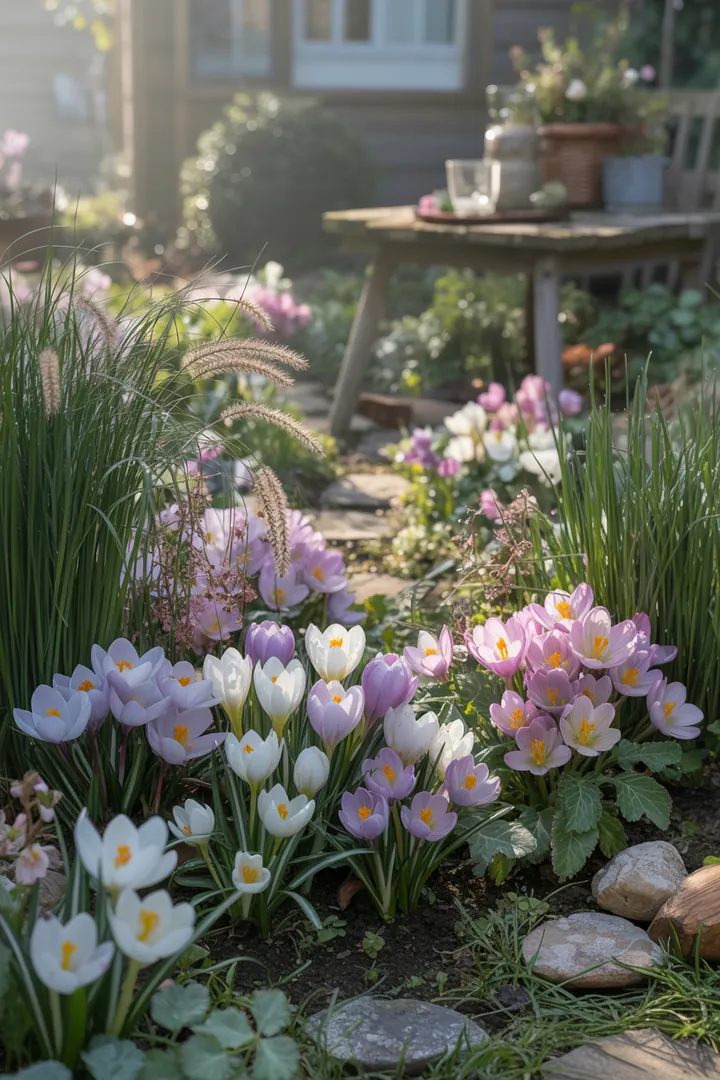 Bunt blühender Garten mit verschiedenen Sträuchern, darunter immergrüne Pflanzen, duftende Frühblüher und robust blühende Sorten, die auch im Winter Farbe bringen.