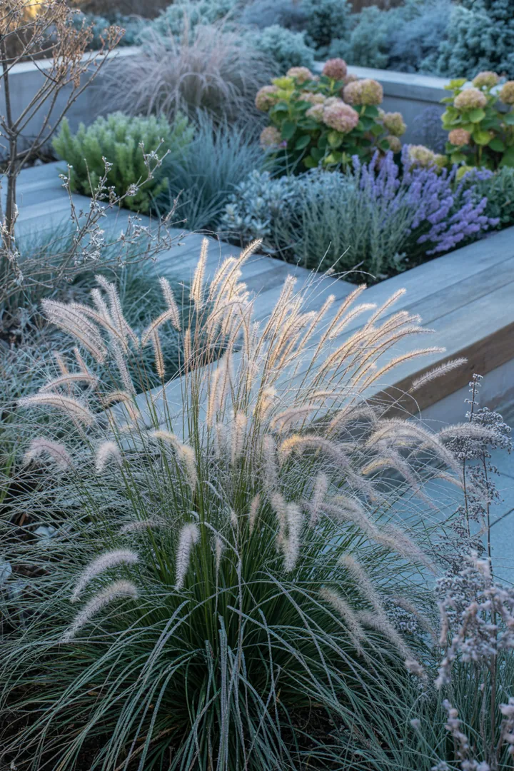 Ein harmonisches Arrangement verschiedener Gräser, das mit eleganten, robusten Blättern und einer Vielzahl von Farben und Formen begeistert. Ideal für Gärten, die Struktur und Pflegeleichtigkeit erfordern.