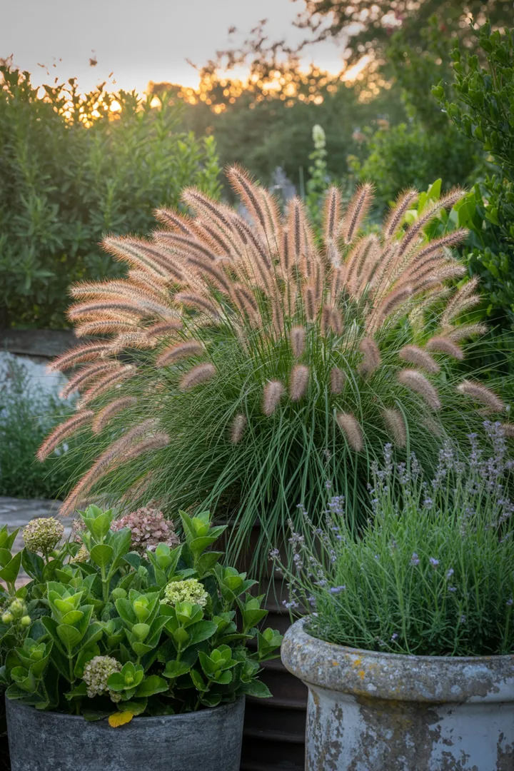 Vielfältige Gräser präsentieren sich in harmonischer Anordnung: elegante, hochwachsende Exemplare mit filigranen Blättern, aufrechte Pflanzen mit strukturiertem Wuchs und kräftige Sorten, die für bunte Akzente im Herbst sorgen.