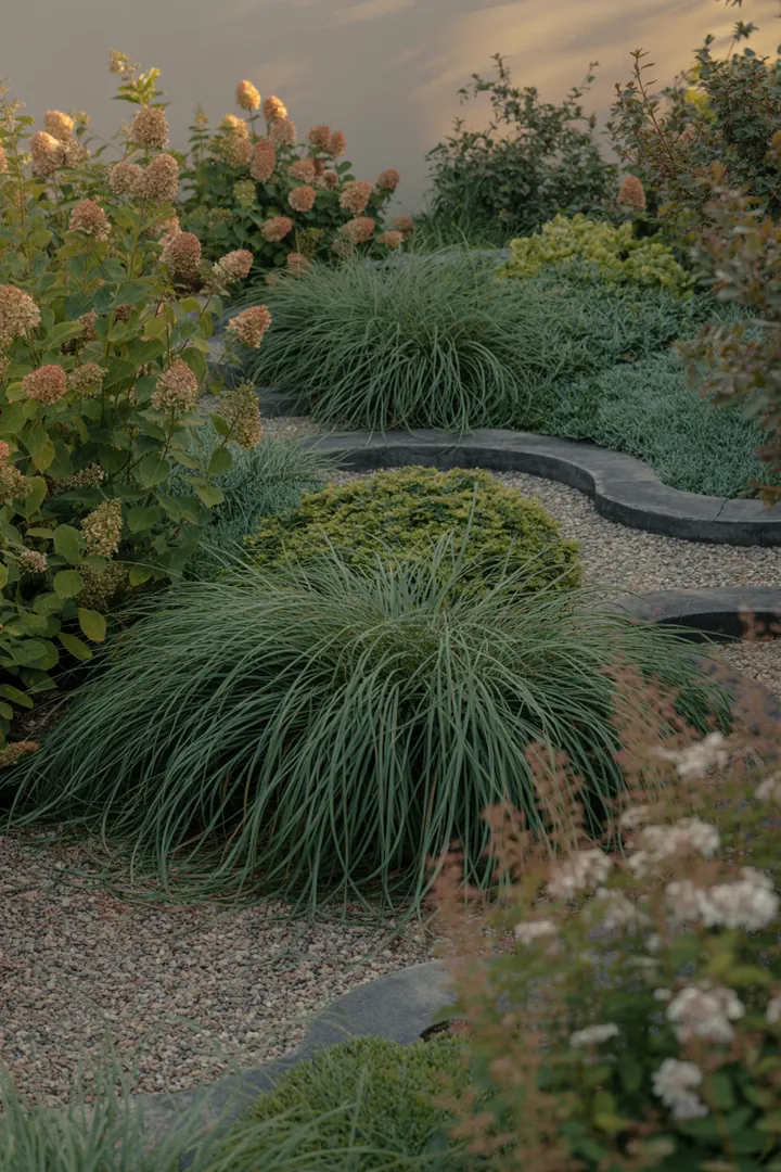 Ein harmonisches Ensemble von Ziergräsern mit eleganten, hochwachsenden Blättern, aufrechtem Wuchs und farbenfrohem Herbstlaub, das sowohl Struktur als auch Pflegeleichtigkeit bietet.