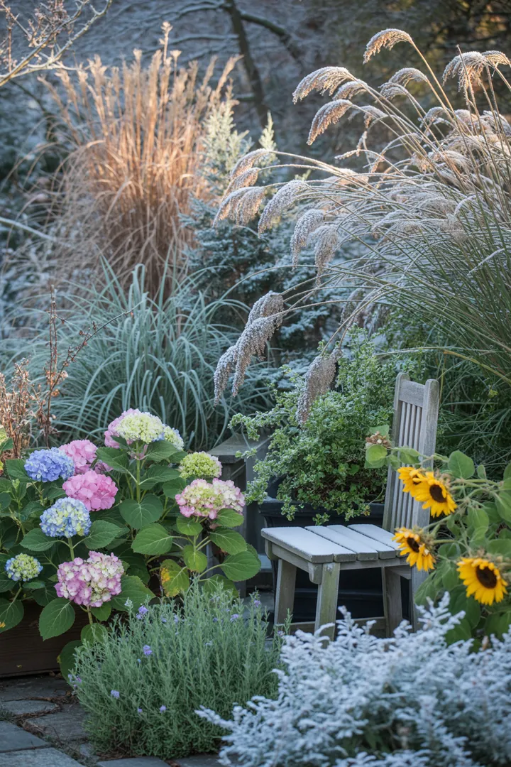 Vielfältige Gräser in verschiedenen Höhen und Formen bilden eine harmonische, pflegeleichte Gartenlandschaft, die durch elegante Blätter und farbenfrohes Herbstlaub besticht.