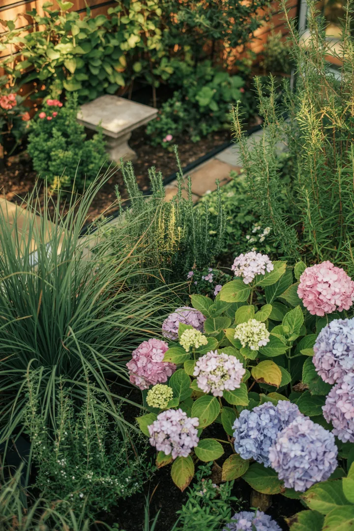 Vielfältige Gräser und Pflanzen in einem üppigen Garten, darunter hohe, elegante Arten mit strukturierten Blättern und farbenfrohem Laub, die harmonisch miteinander kombiniert sind und ganzjährige Schönheit bieten.