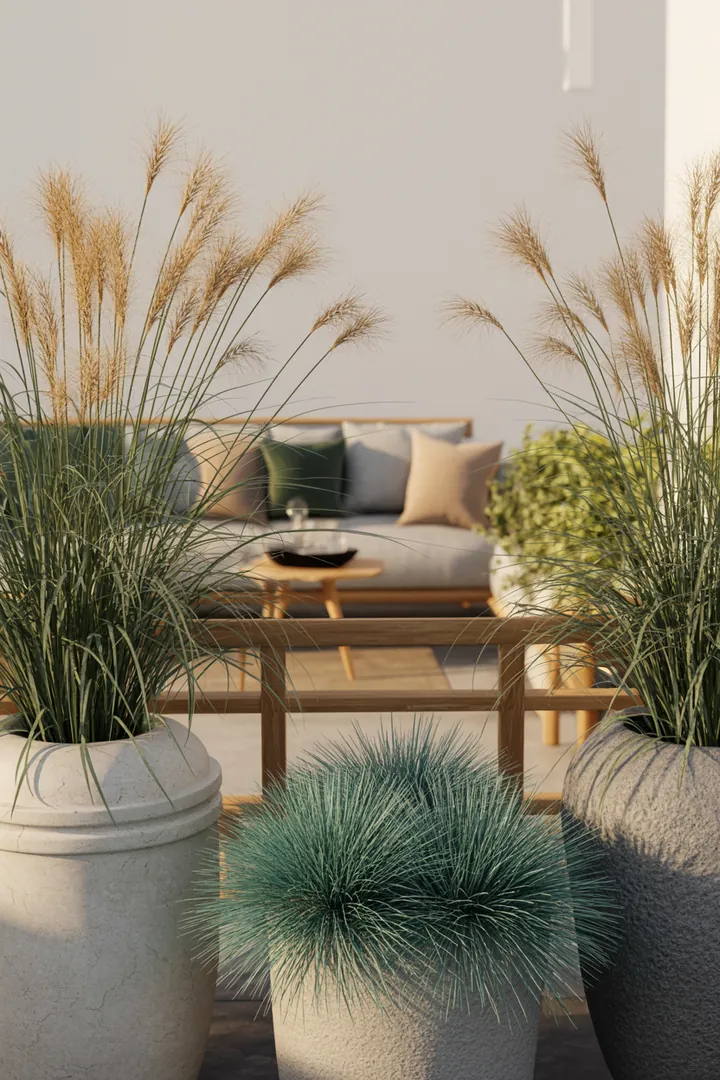 Eine vielfältige Gräserlandschaft mit hochwachsenden, eleganten Pflanzen, darunter strukturgebendes, pflegeleichtes Grün und farbenfrohes Laub, das im Herbst leuchtet.